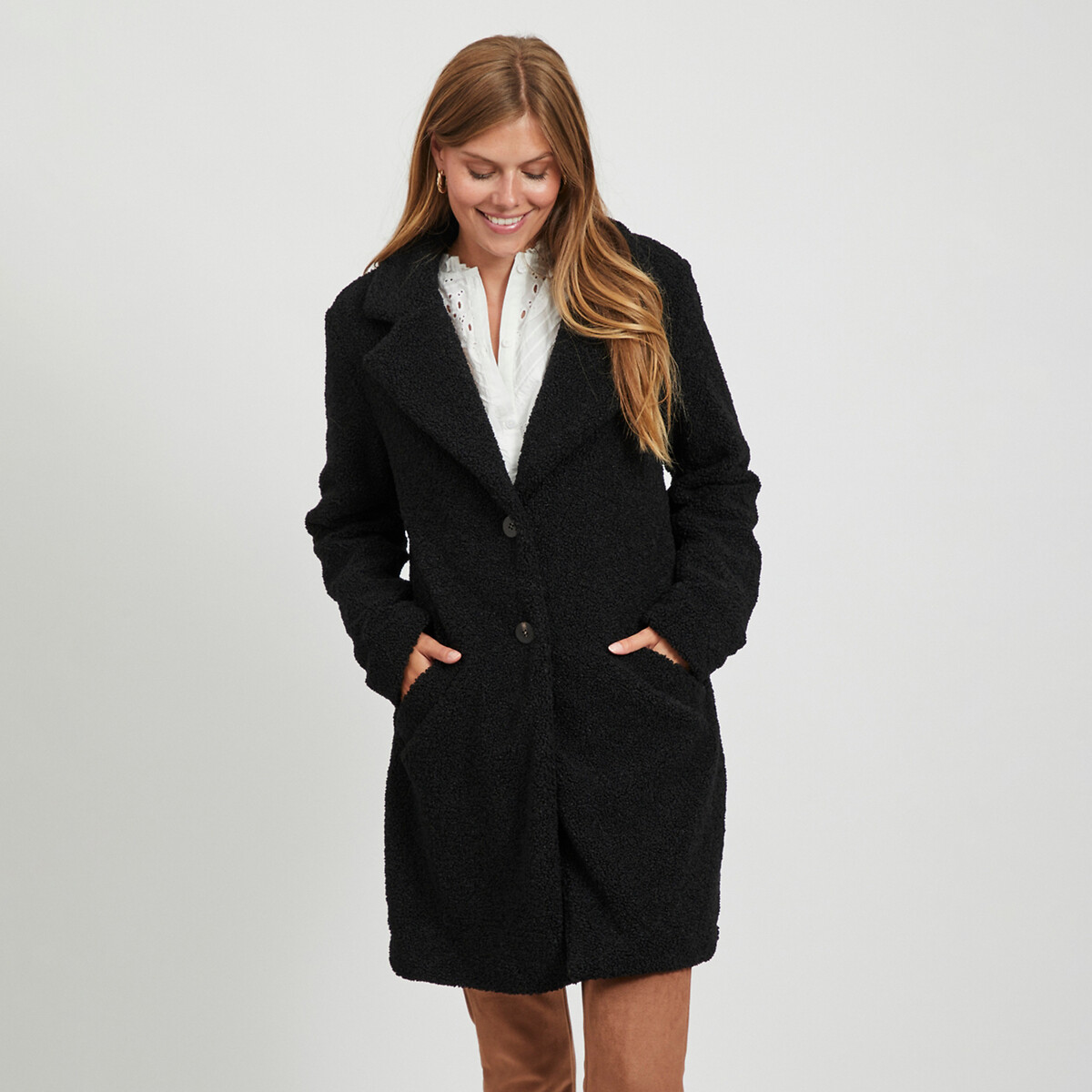 Пальто La Redoute Средней длины на пуговицах 34 (FR) - 40 (RUS) черный, размер 34 (FR) - 40 (RUS)