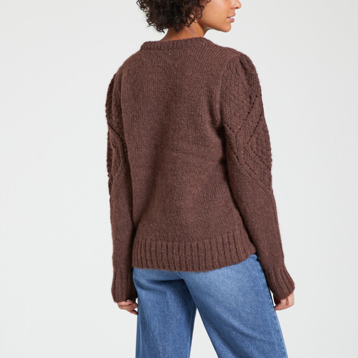 Пуловер из ажурного трикотажа круглый вырез  L каштановый LaRedoute, размер L - фото 4