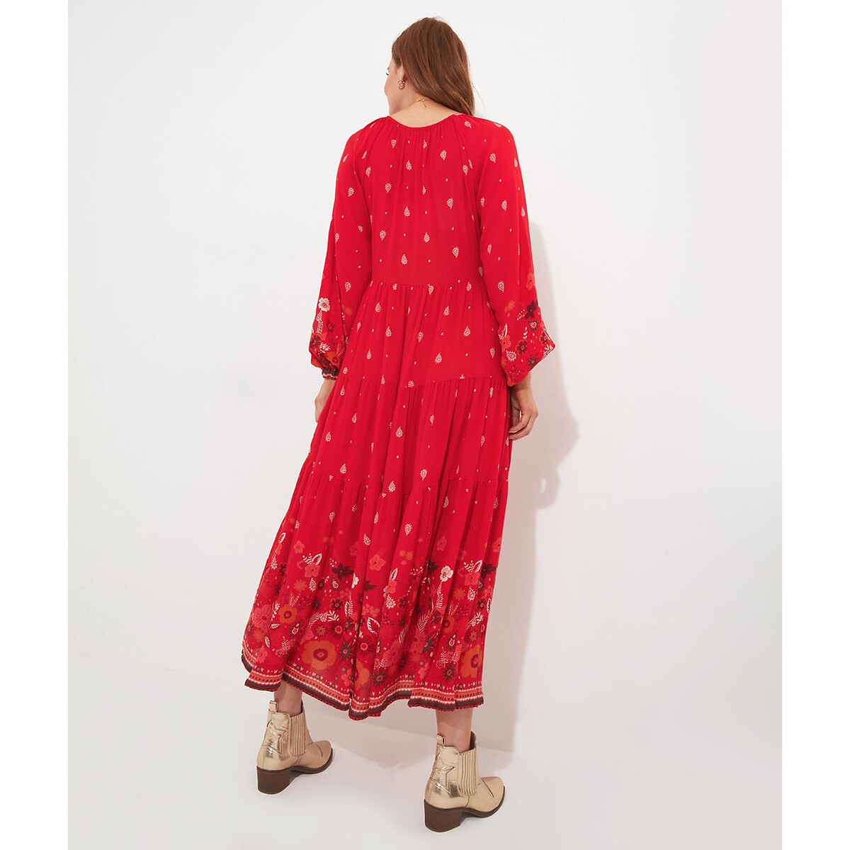 Платье длинное богемное с круглым вырезом  48 красный LaRedoute, размер 48 - фото 3