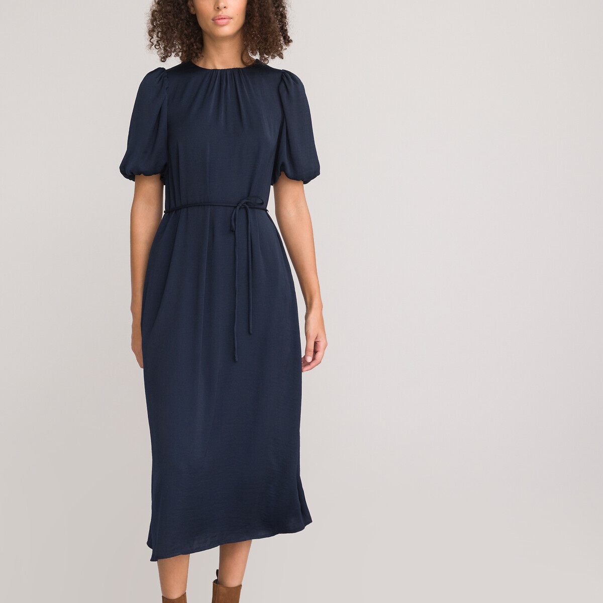 Платье длинное расклешенное с круглым вырезом и короткими рукавами с напуском  42 синий LaRedoute, размер 42 - фото 2