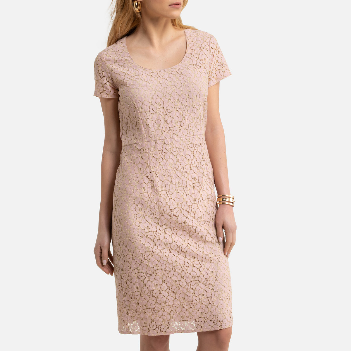 Платье LaRedoute Прямое с короткими рукавами из гипюра 46 (FR) - 52 (RUS) розовый, размер 46 (FR) - 52 (RUS) Прямое с короткими рукавами из гипюра 46 (FR) - 52 (RUS) розовый - фото 1