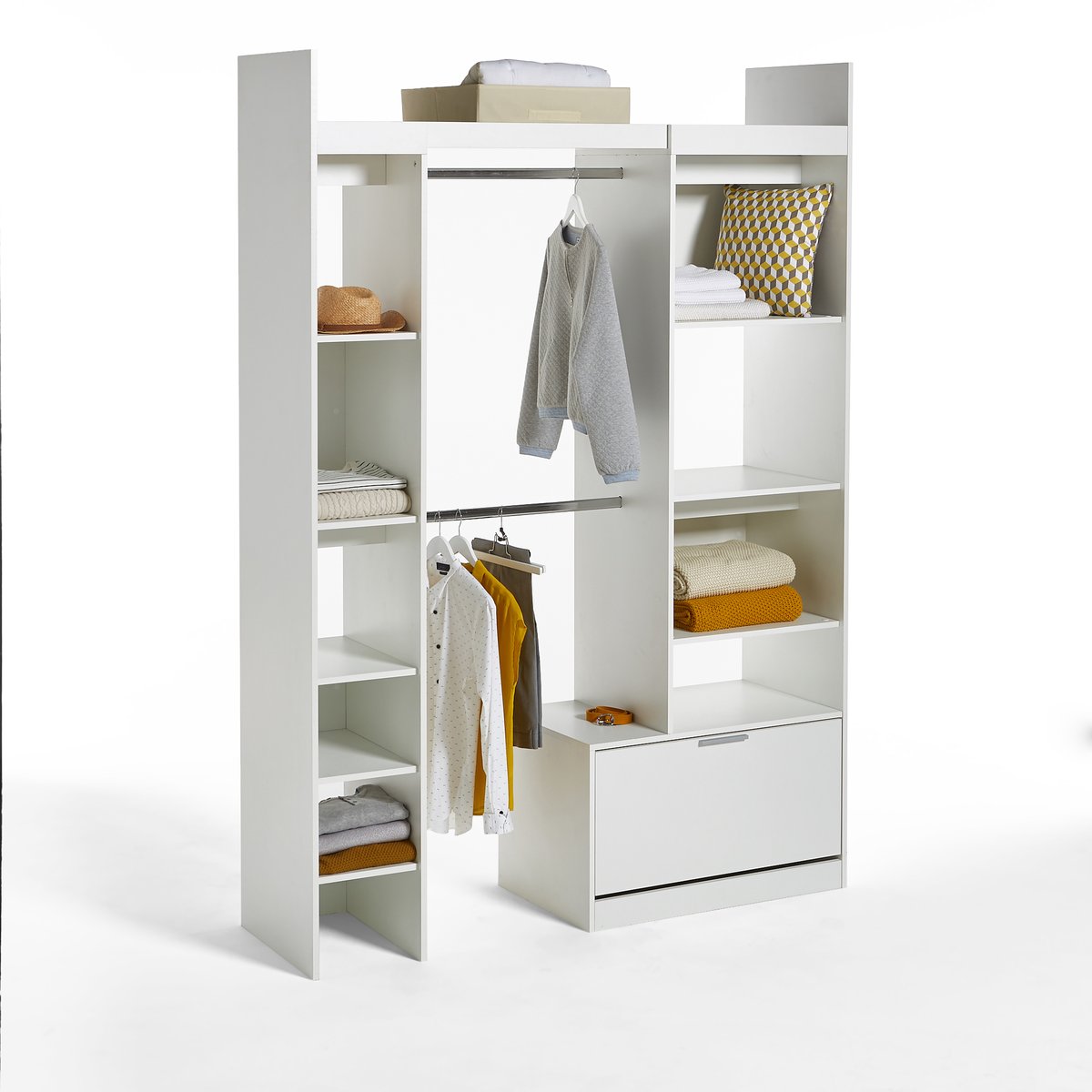 Шкаф Платяной модульный с этажерками и 2 отделениями для вешалок Yann единый размер белый