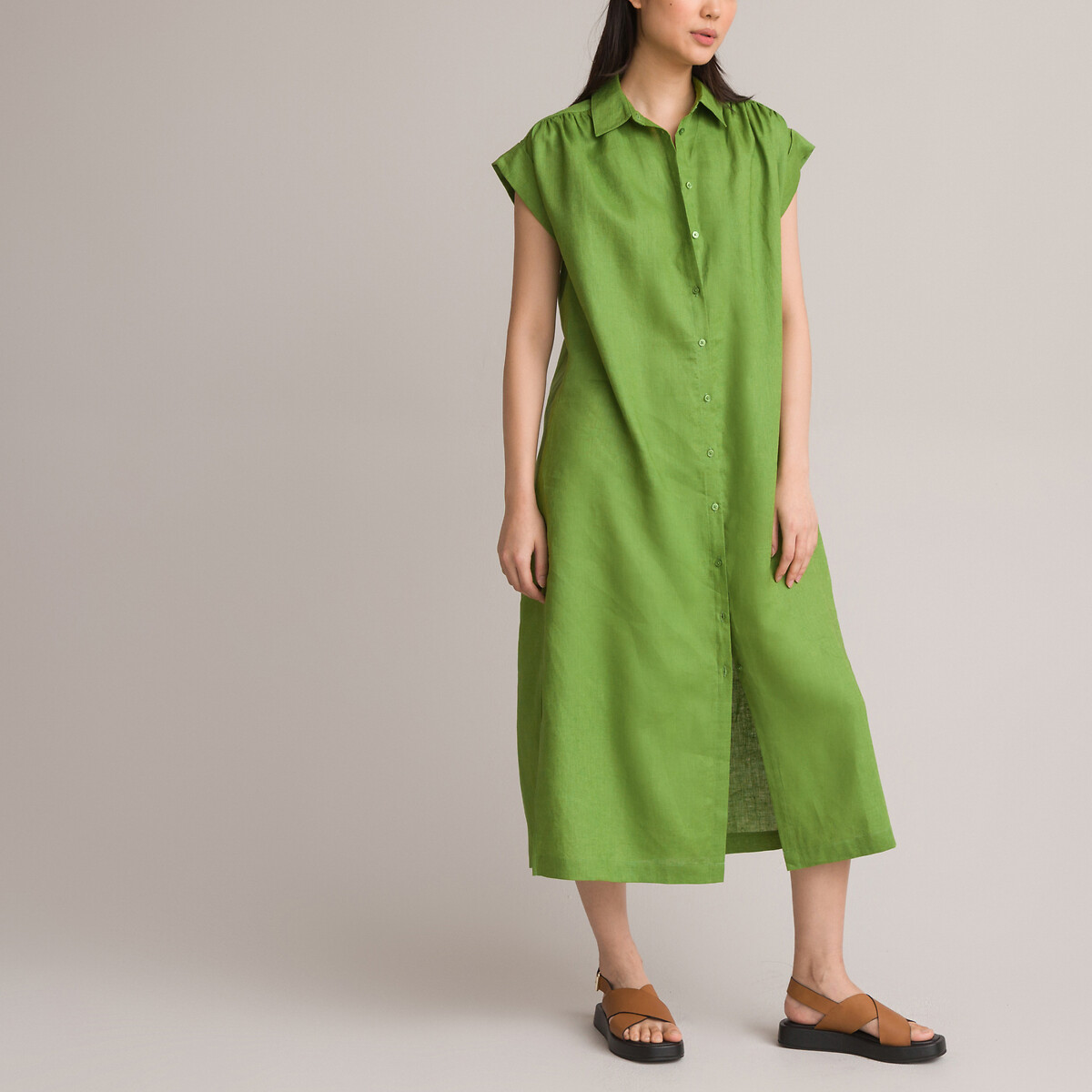 Платье-рубашка Длинное 100 лен XS зеленый