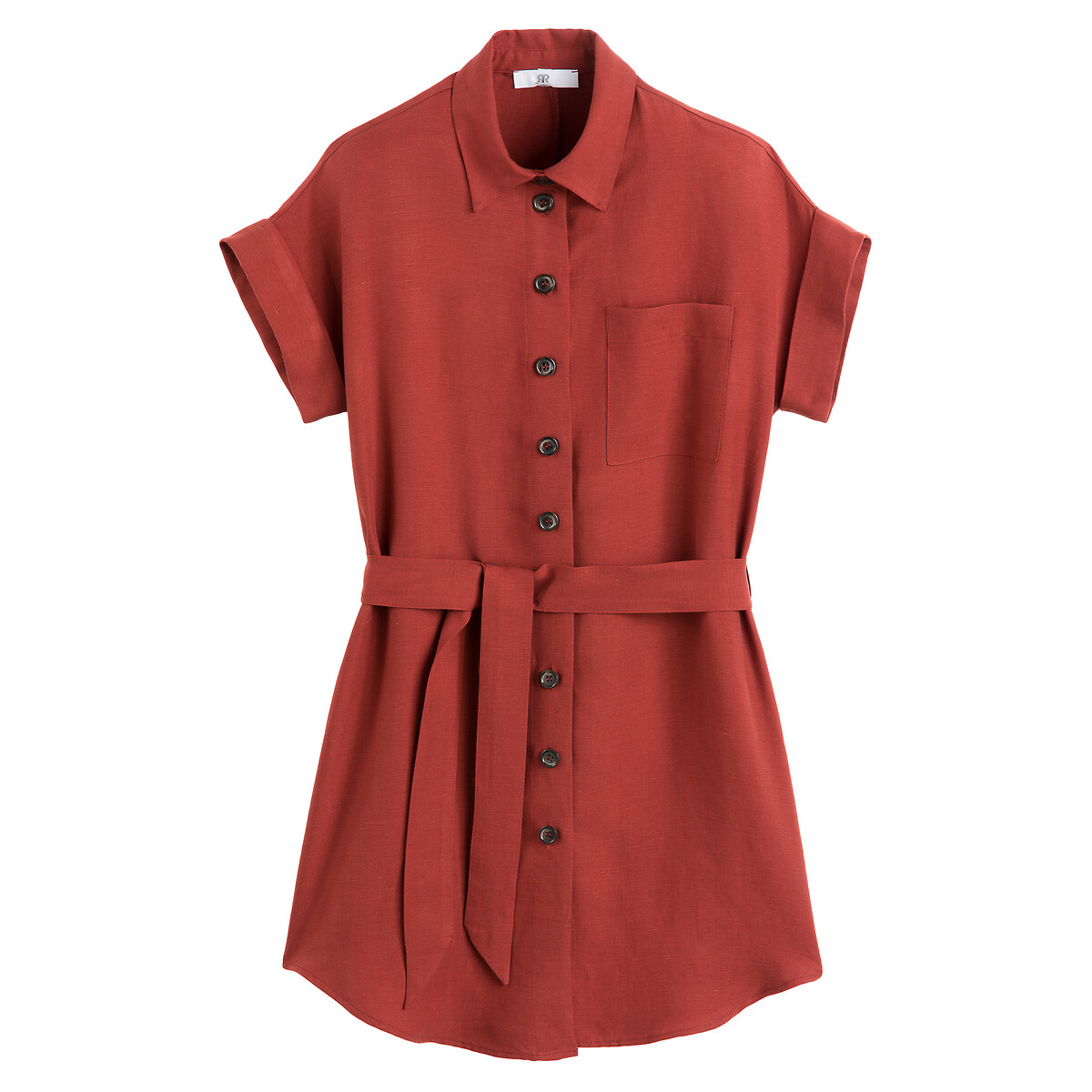 Короткое Платье-рубашка смесь лиоцелла и льна 40 красный LaRedoute, размер 40 - фото 5