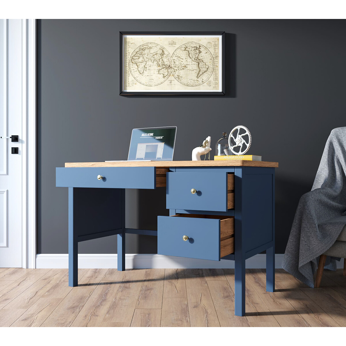 Рабочий стол Jules Verne с широкой тумбой  единый размер синий LaRedoute - фото 2
