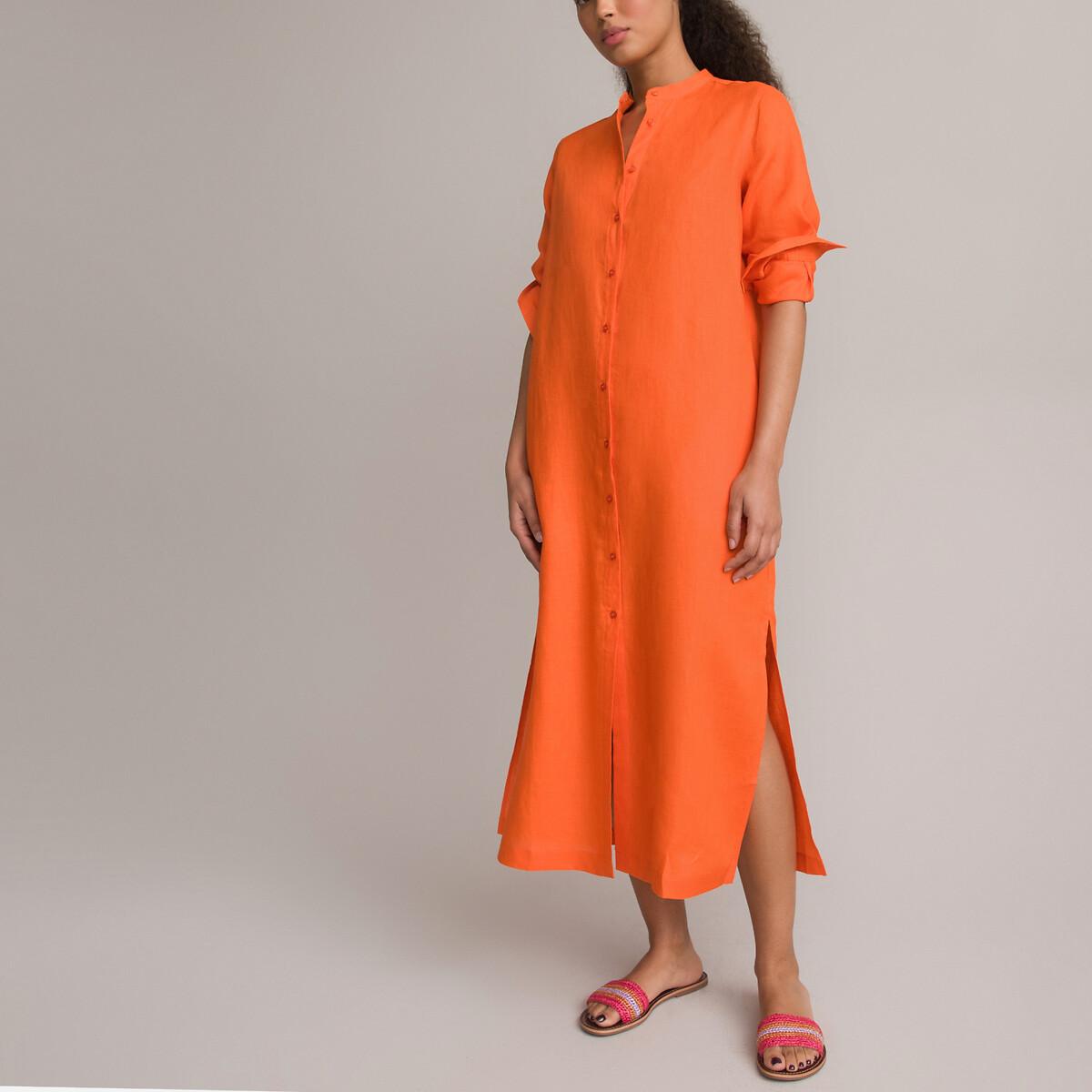 Платье Длинное из льна длинные рукава 40 оранжевый LaRedoute, размер 40 - фото 2