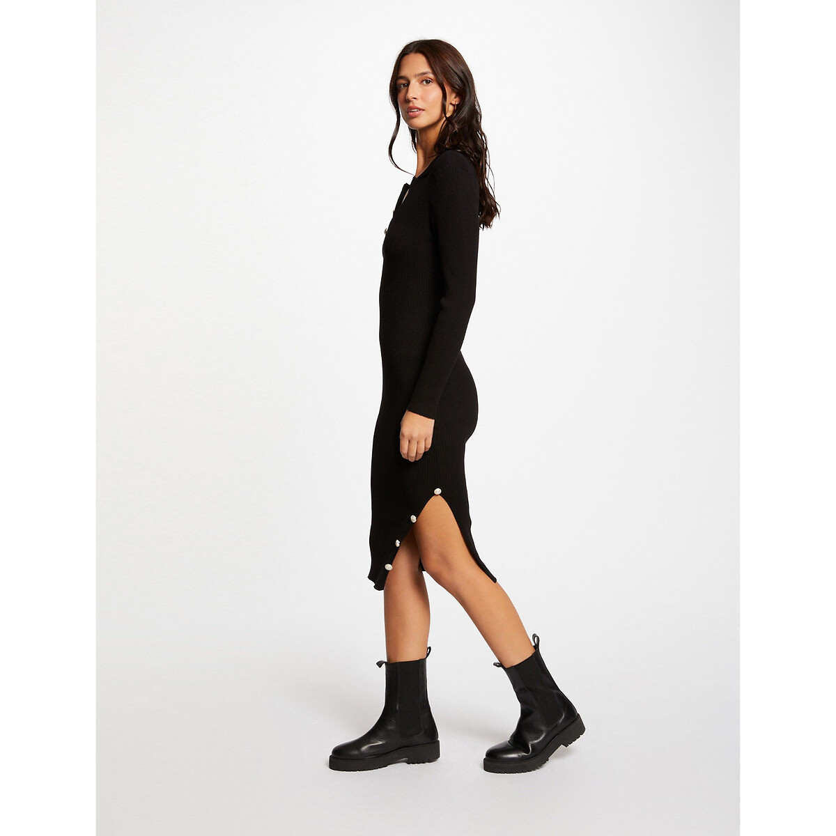 Платье-пуловер облегающее со шлицей пуговицами и длинными рукавами  XL черный LaRedoute, размер XL - фото 2