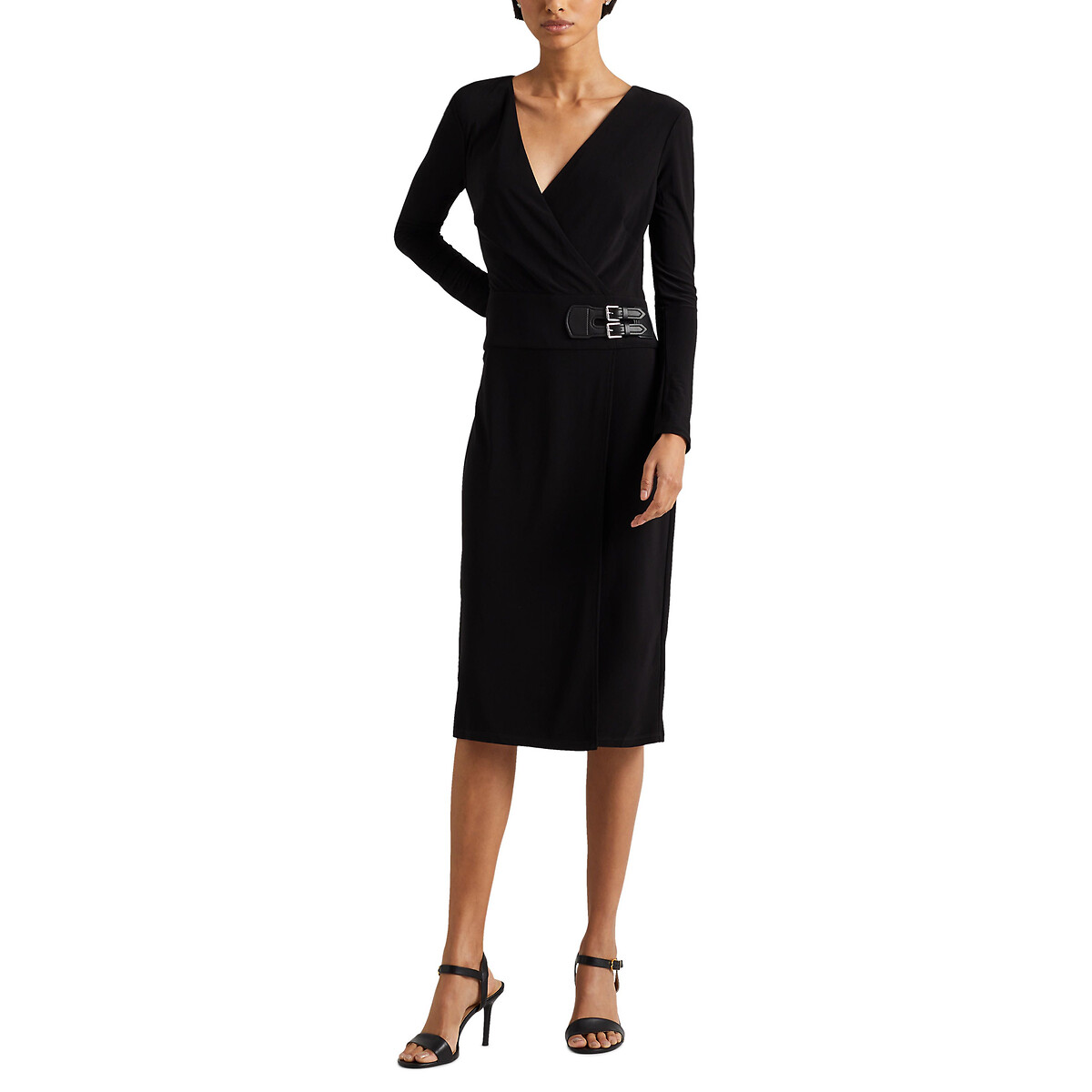 Платье С запахом и V-образным вырезом с длинными рукавами 44 черный