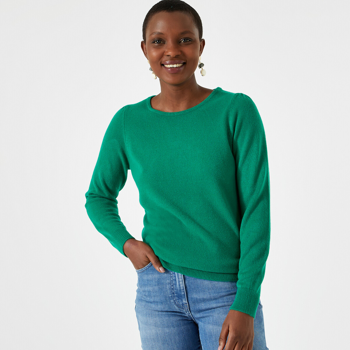 Пуловер с круглым вырезом из тонкого трикотажа 34/36 (FR) - 40/42 (RUS) зеленый пуловер туника с v образным вырезом из тонкого трикотажа 34 36 fr 40 42 rus черный