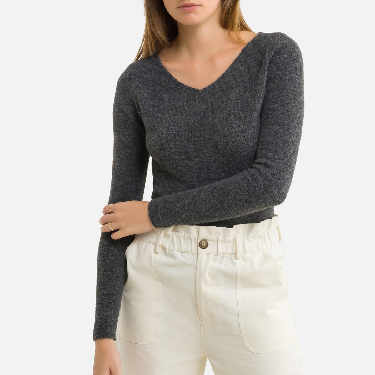 Пуловер LaRedoute С круглым вырезом из тонкого трикотажа TIDSBURG M серый, размер M - фото 1