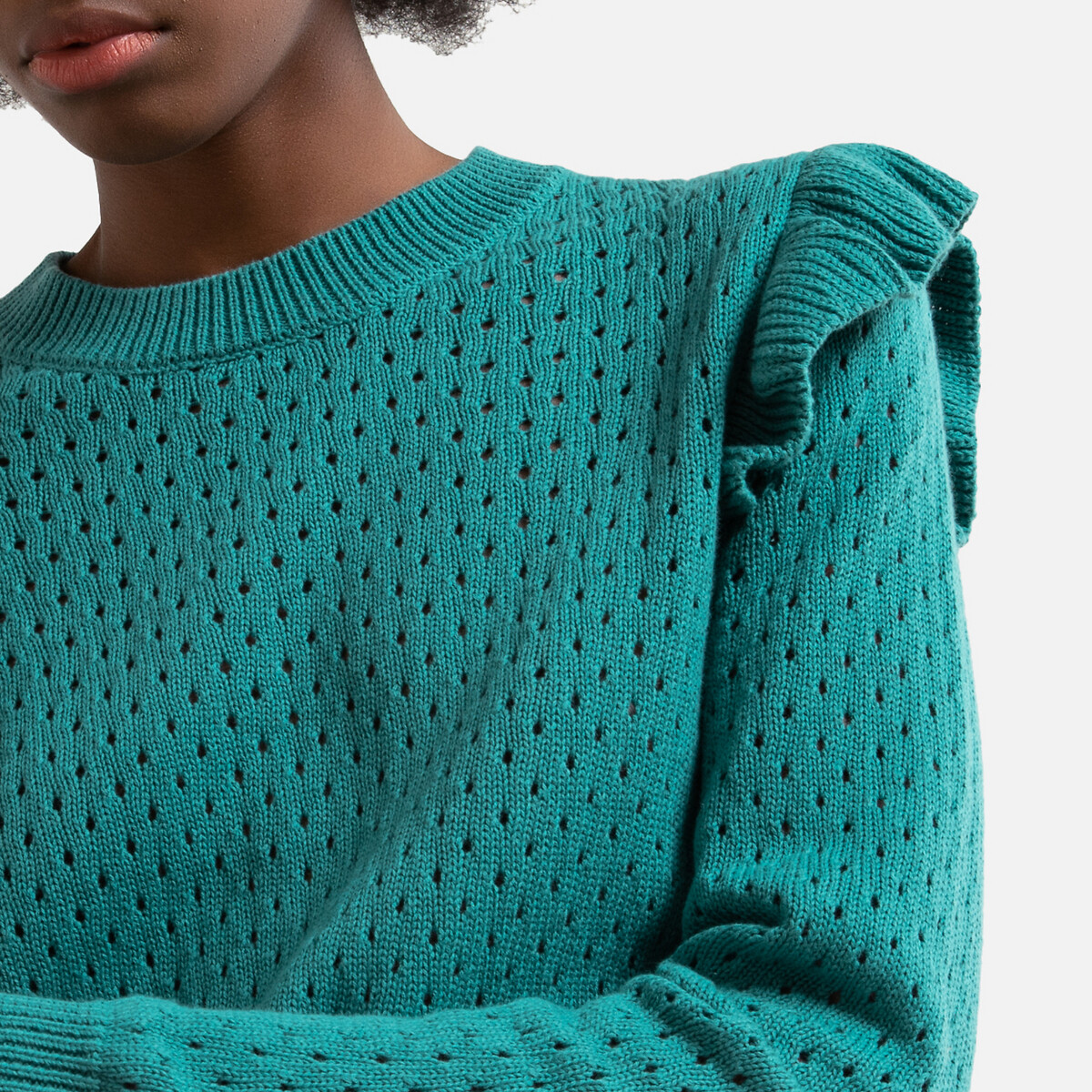 Пуловер La Redoute С приспущенными плечами из тонкого ажурного трикотажа L зеленый, размер L - фото 3