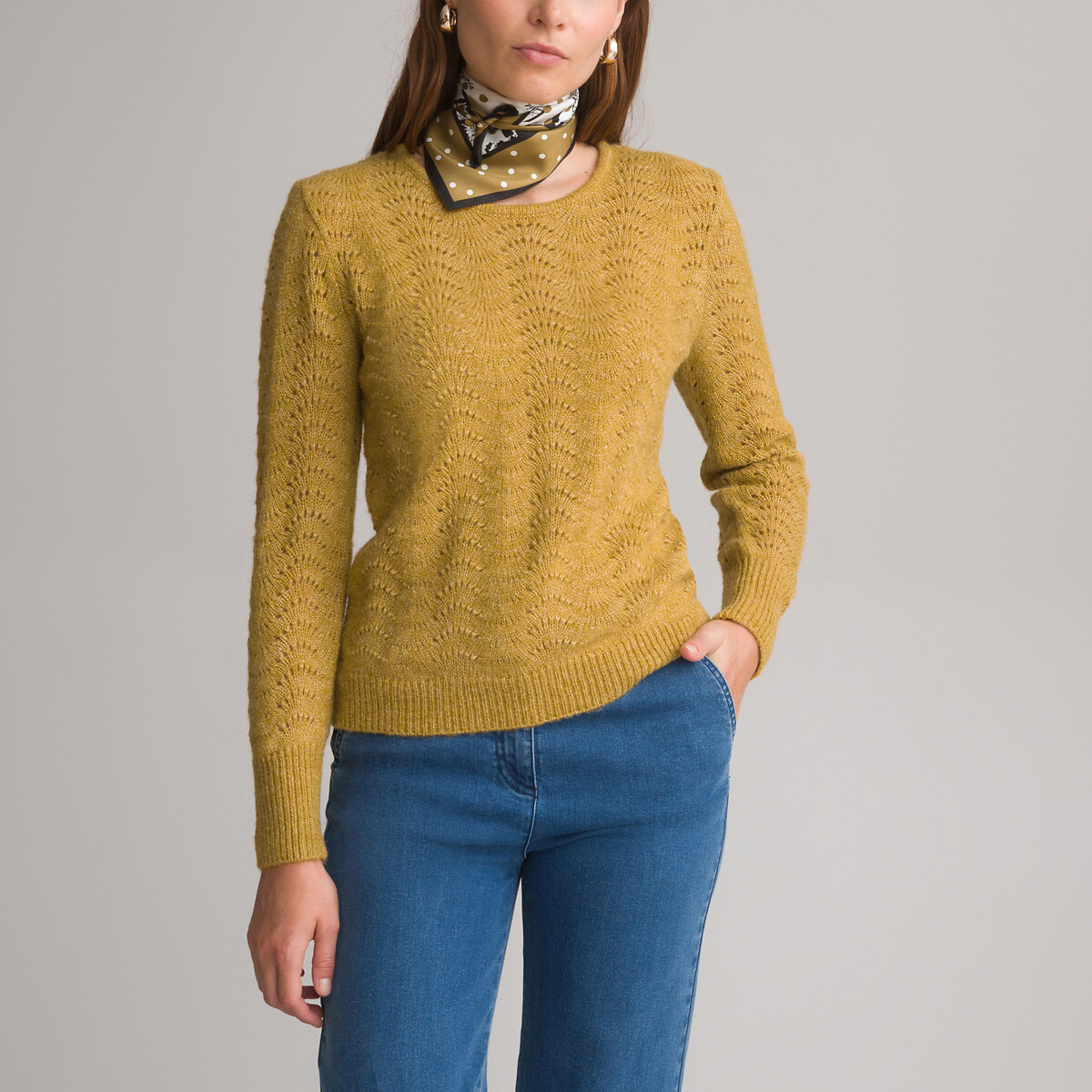 Пуловер с круглым вырезом из тонкого ажурного трикотажа 42/44 (FR) - 48/50 (RUS) желтый худи с капюшоном из тонкого трикотажа 42 44 fr 48 50 rus каштановый