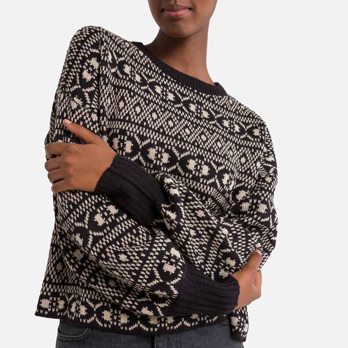 Пуловер Укороченный с жаккардовым узором M черный LaRedoute, размер M - фото 3