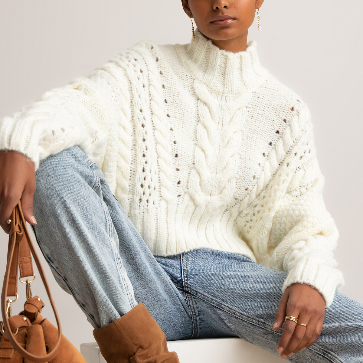 Пуловер LaRedoute С воротником-стойкой с плетеным узором XL белый, размер XL - фото 1