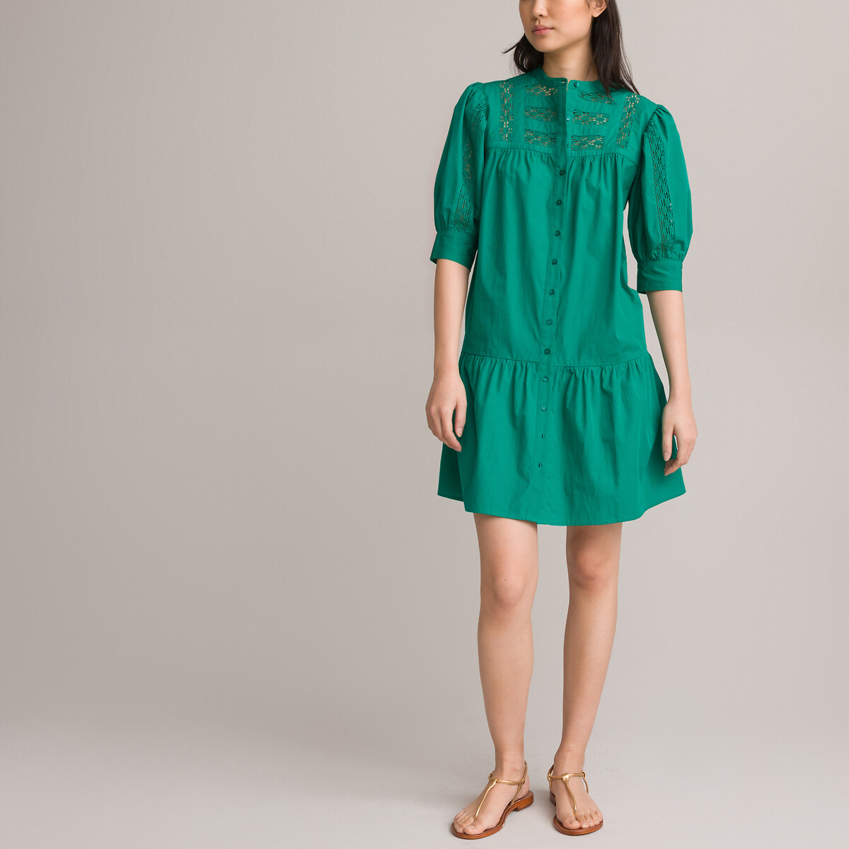 Платье На пуговицах расклешенное со вставками из тесьмы 40 зеленый LaRedoute, размер 40 - фото 2