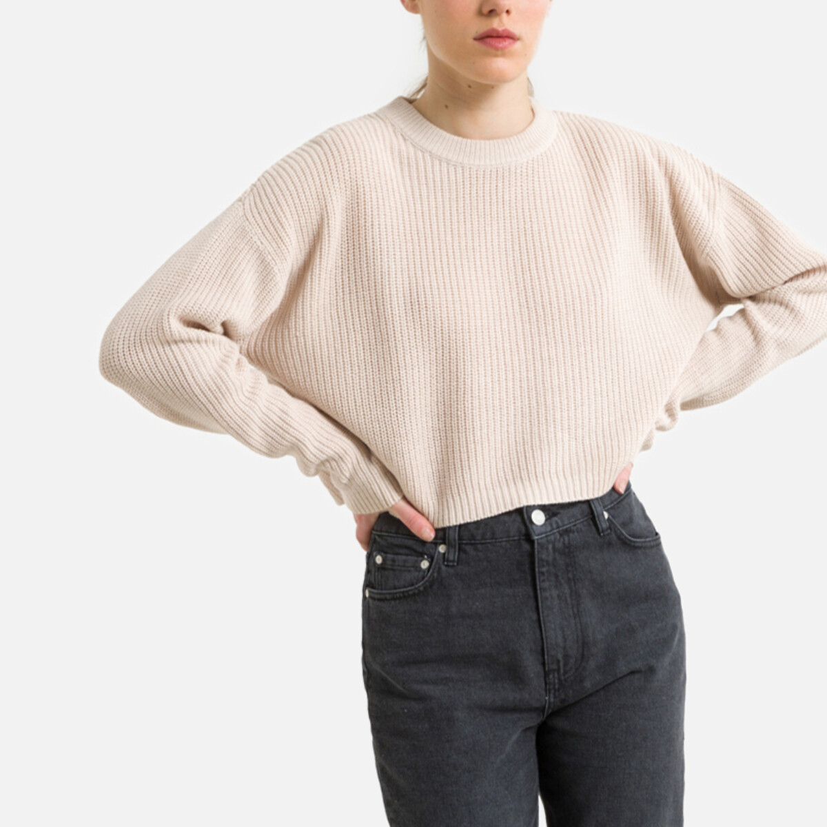 Пуловер укороченный из тонкого трикотажа XL бежевый