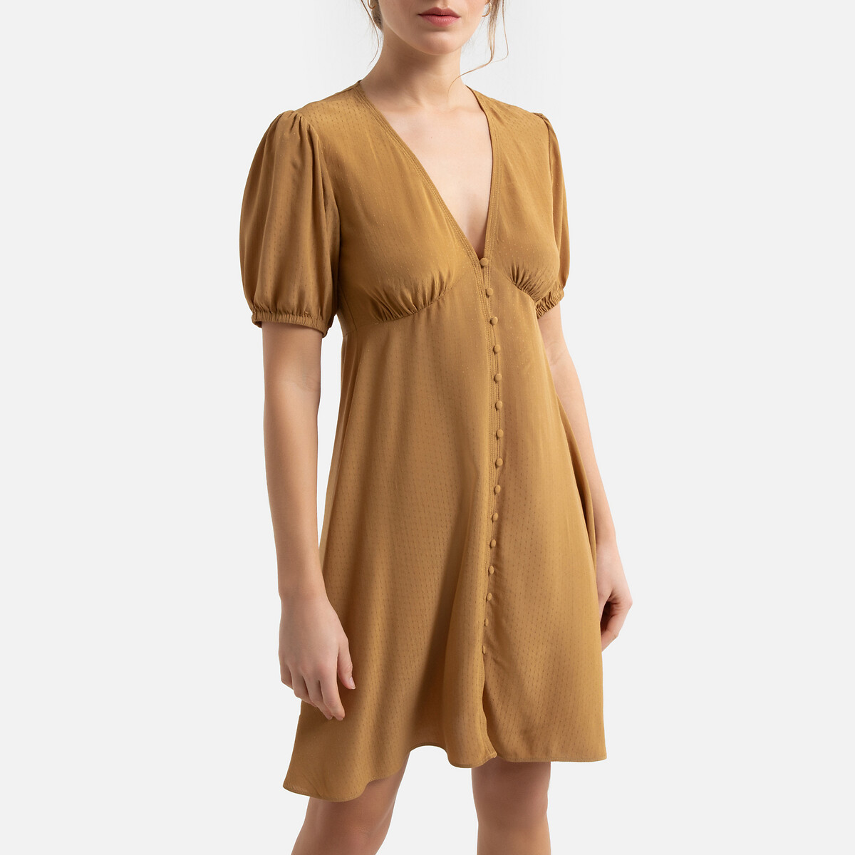 Платье La Redoute С V-образным декольте короткое с короткими рукавами L каштановый, размер L - фото 1