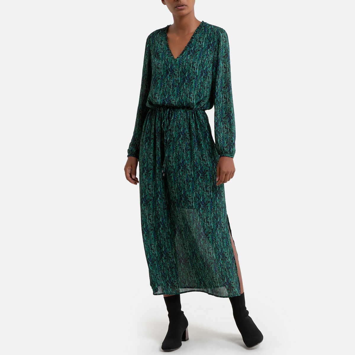 Платье La Redoute Из вуали с принтом длинное с длинными рукавами 40 (FR) - 46 (RUS) зеленый, размер 40 (FR) - 46 (RUS) Из вуали с принтом длинное с длинными рукавами 40 (FR) - 46 (RUS) зеленый - фото 1