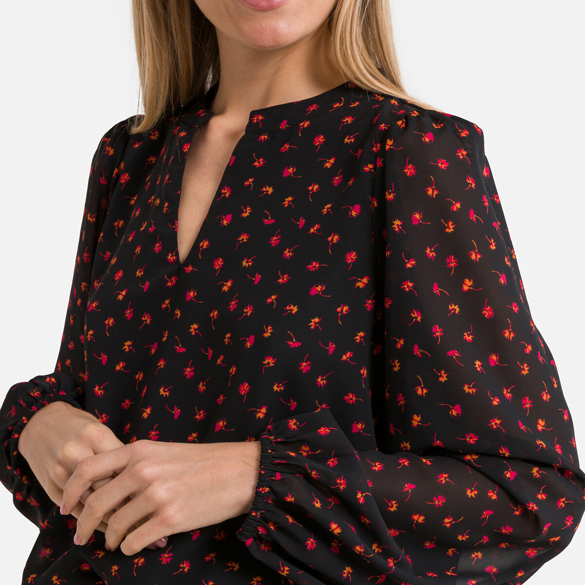 Блузка с V-образным вырезом длинные рукава цветочный принт  XS черный LaRedoute, размер XS - фото 3