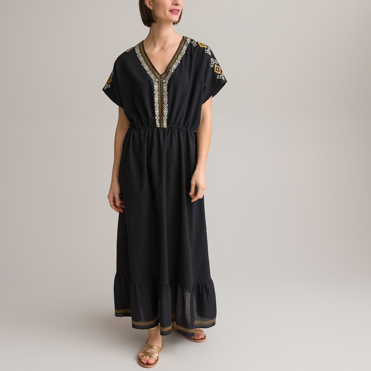 Платье С вышивкой длинное расклешенной формы 44/46 черный