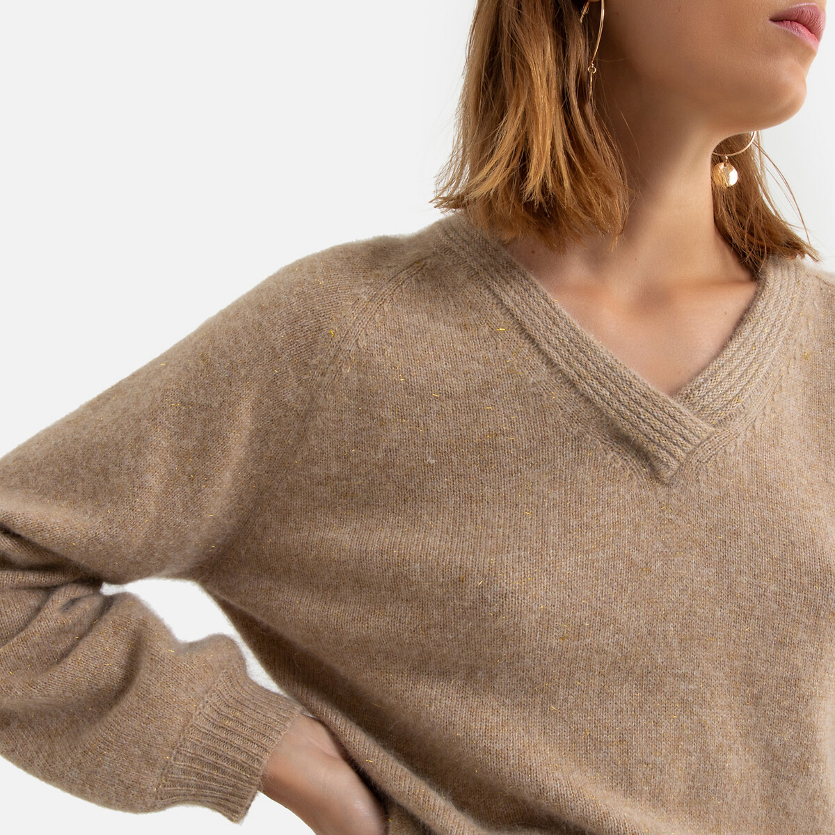 Пуловер La Redoute Из тонкого трикотажа V-образный вырез M каштановый, размер M - фото 3