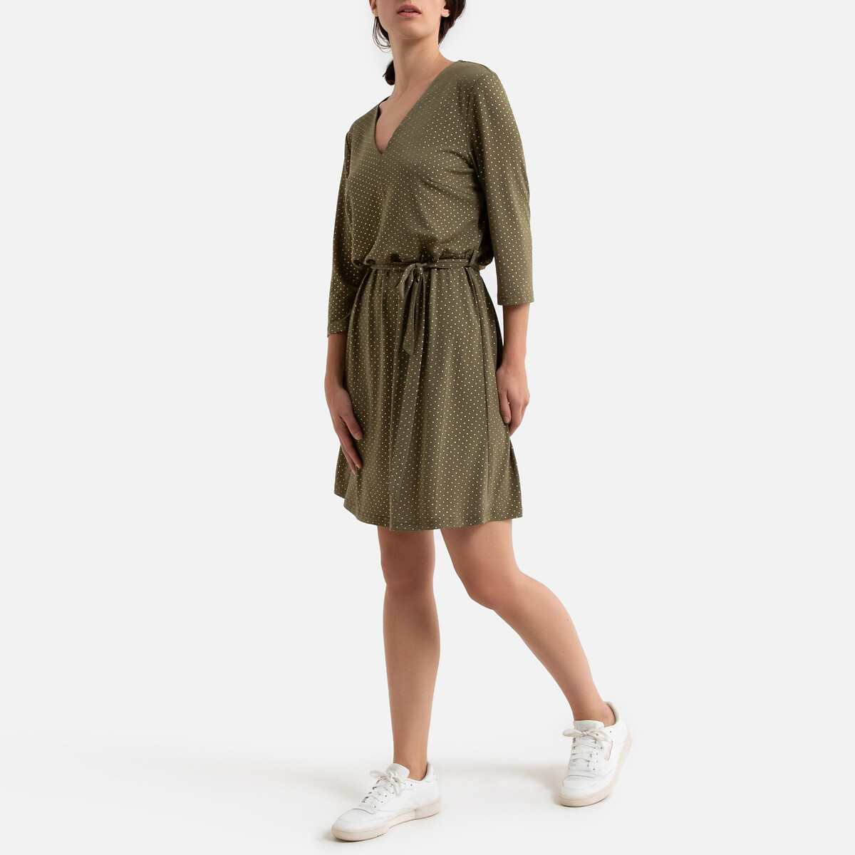 Платье La Redoute Короткое в горошек V-образный вырез с завязками XS зеленый, размер XS - фото 2