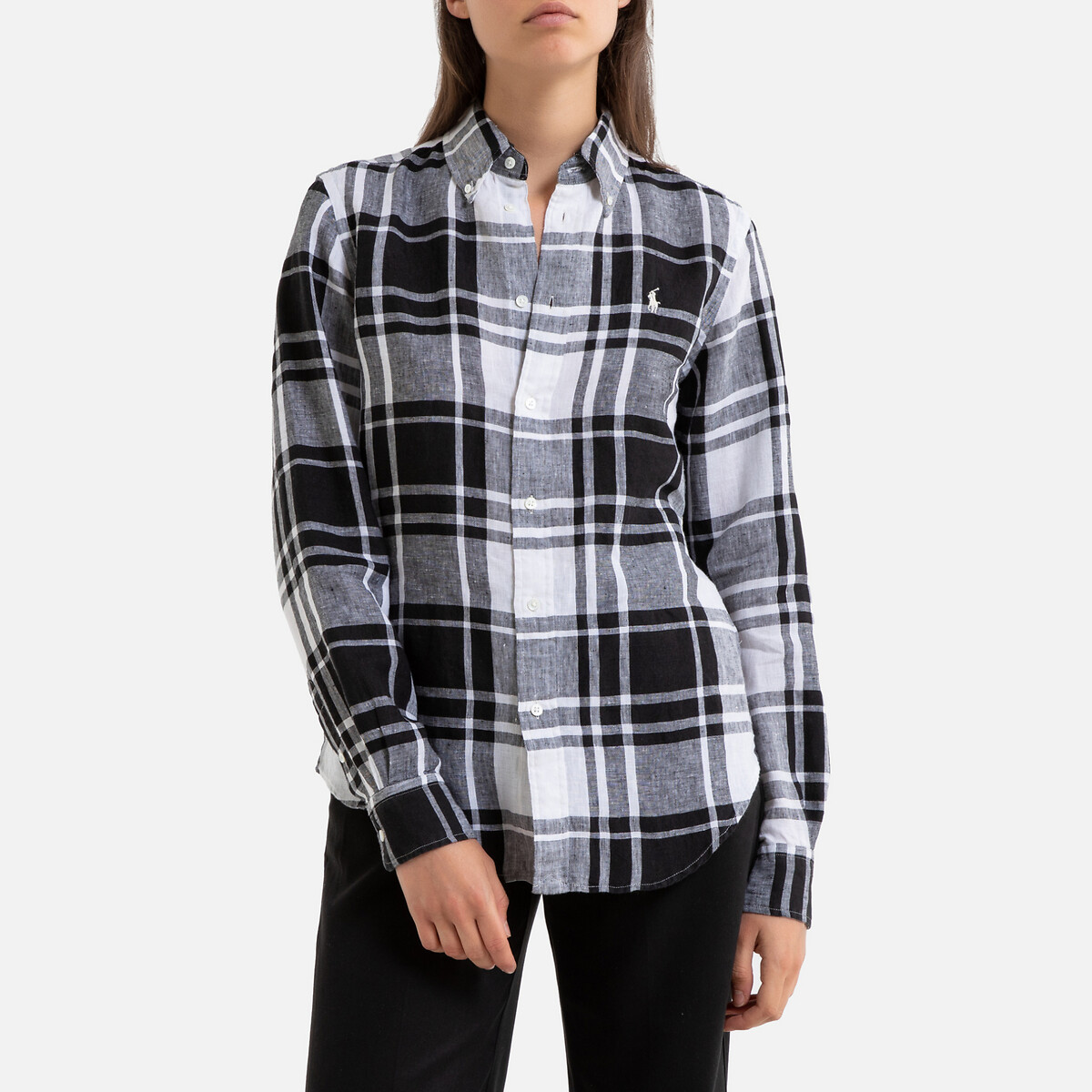 

Рубашка La Redoute, Белый, Из льна с принтом в клетку длинные рукава S белый
