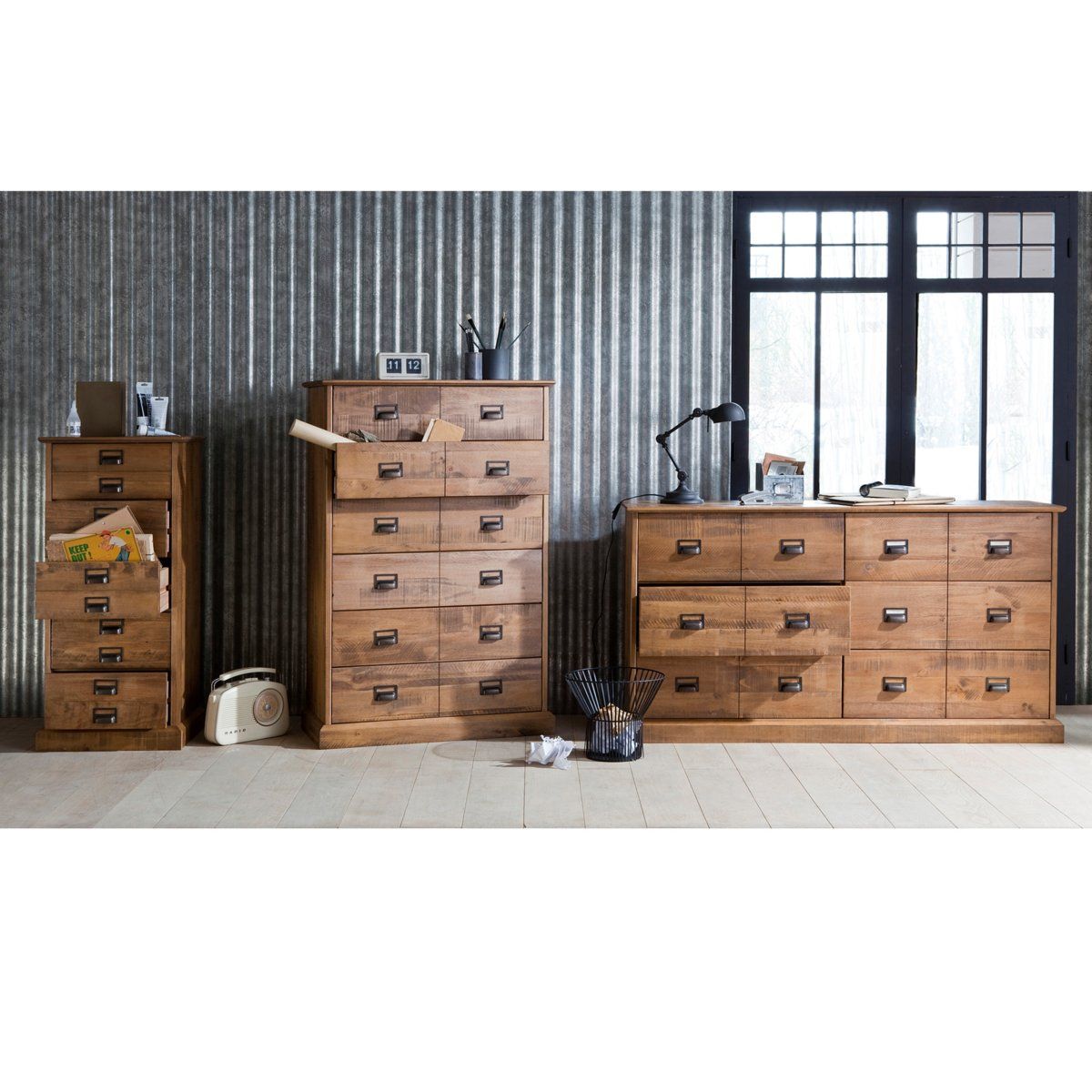 Commode haute, pin massif, 6 tiroirs, Lindley