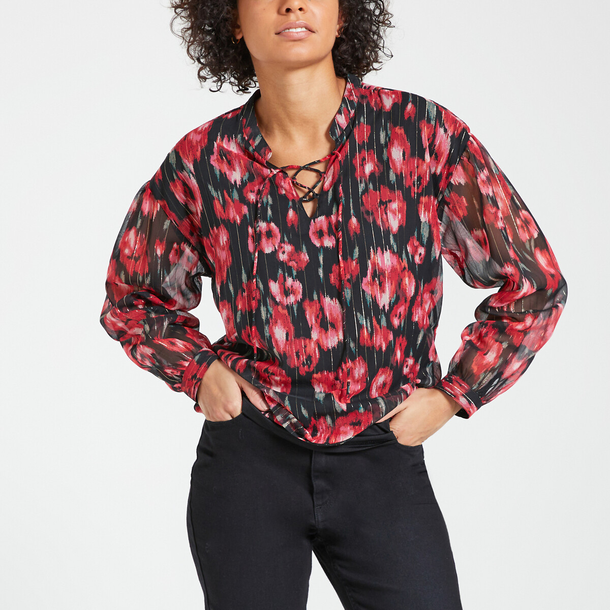 Блузка с круглым вырезом длинными рукавами цветочным принтом S красный