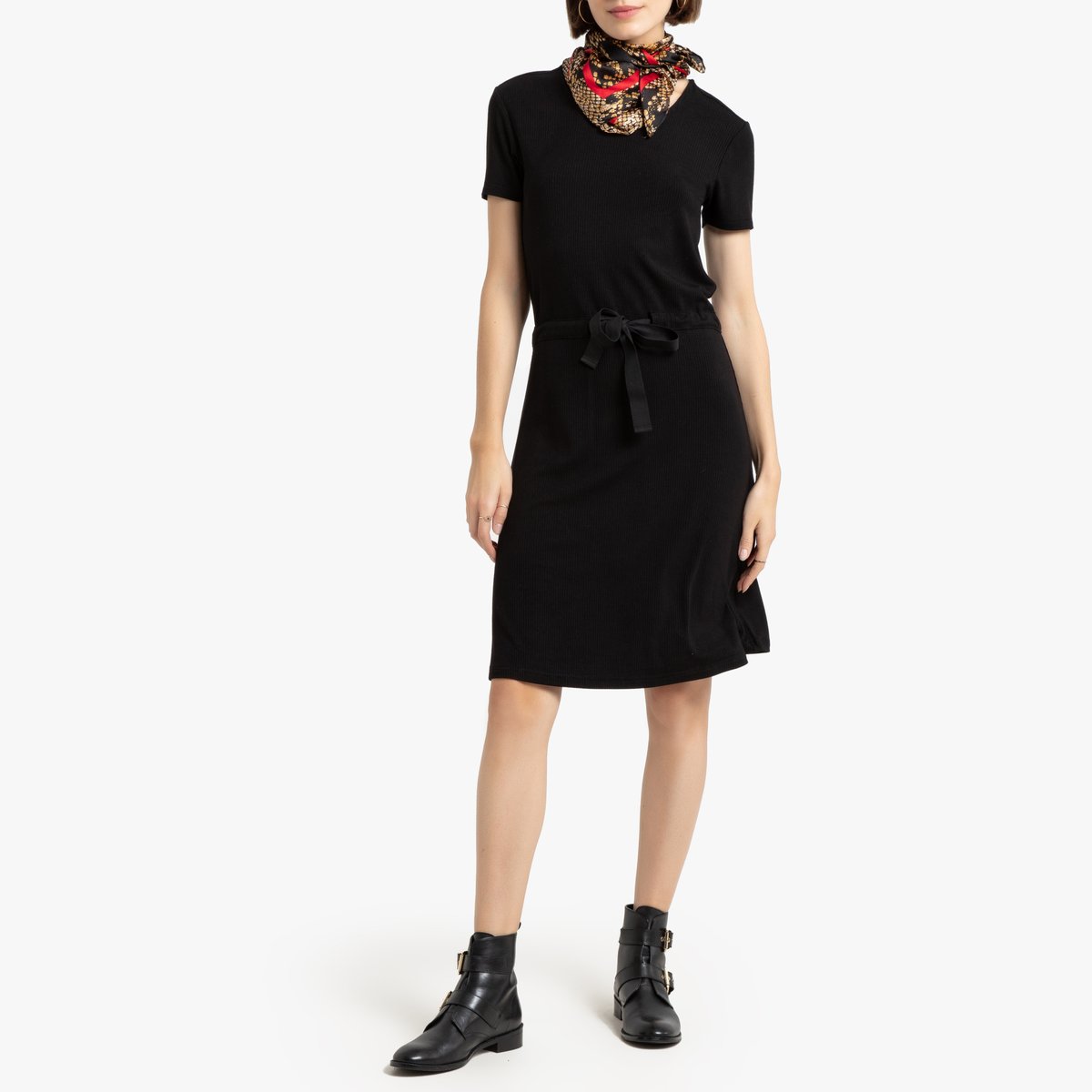 Платье La Redoute Короткое из трикотажа с завязками на поясе L черный, размер L - фото 2