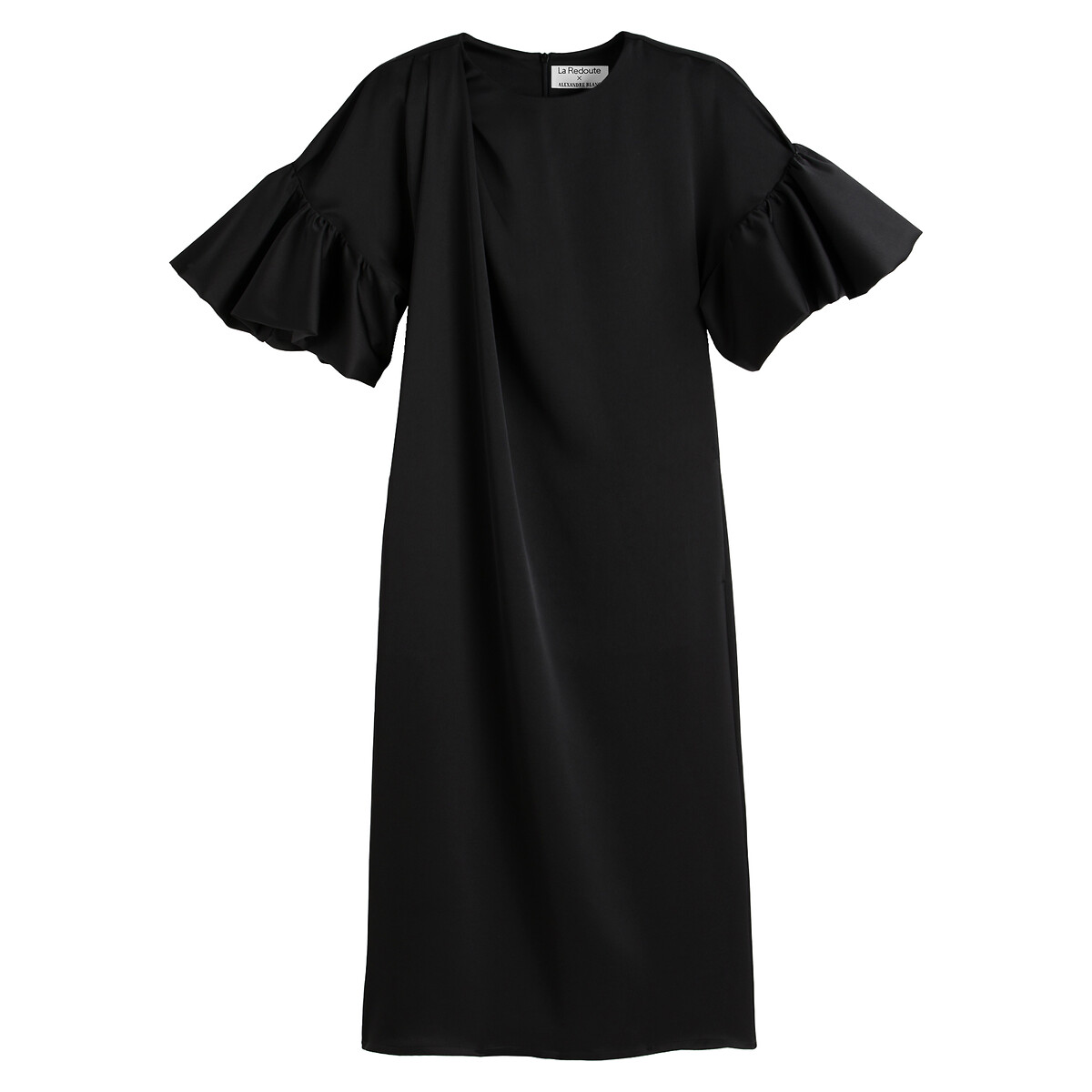 Прямое Платье средней длины с короткими рукавами с рюшами 46 черный