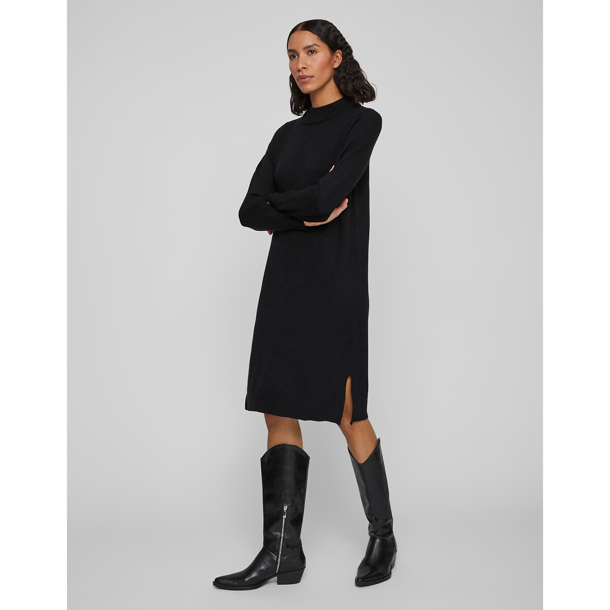 Платье-пуловер Миди из тонкого трикотажа воротник-стойка XL черный LaRedoute, размер XL - фото 3