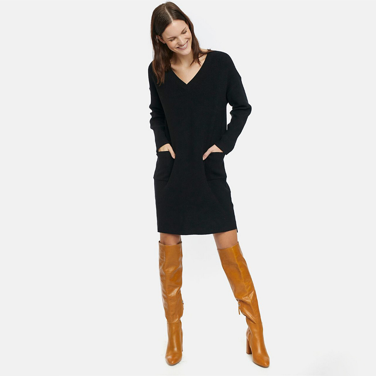 Платье-пуловер La Redoute Короткое с карманами S черный, размер S - фото 2