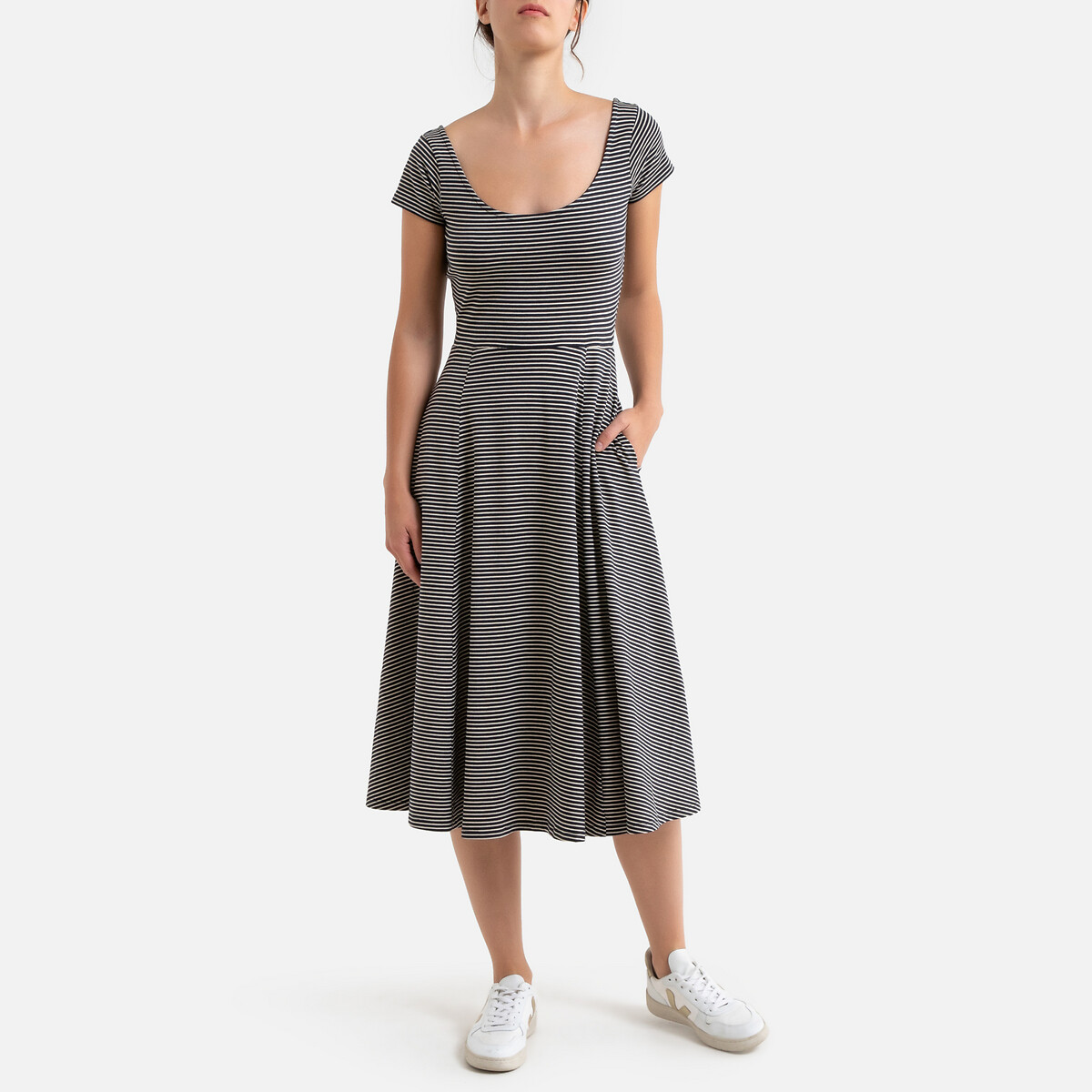 Платье La Redoute Длинное расклешенное в полоску с короткими рукавами L бежевый, размер L - фото 1