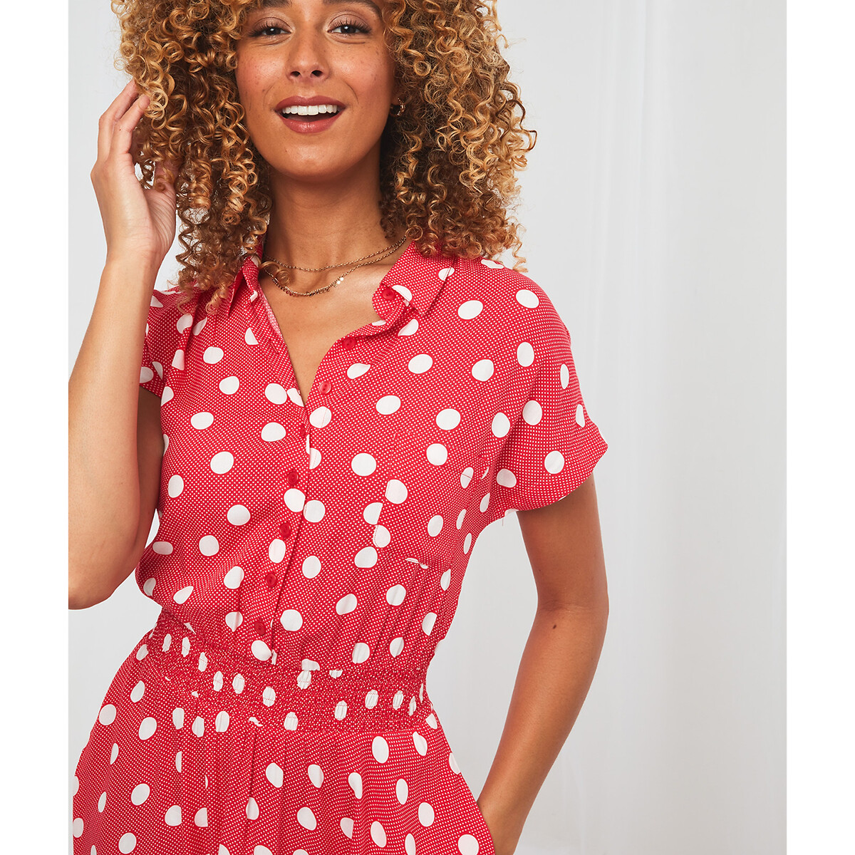 Платье JOE BROWNS Длинное асимметричное с рубашечным воротником в горошек 46 красный, размер 46 - фото 4