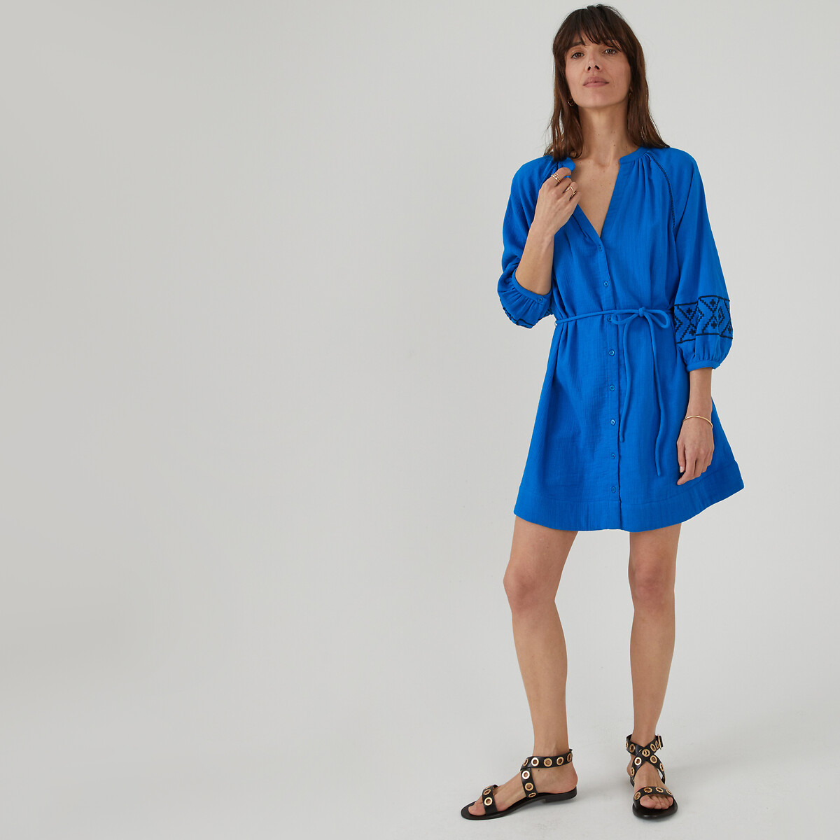 Платье расклешенное короткое длинные рукава с вышивкой  40 синий LaRedoute, размер 40