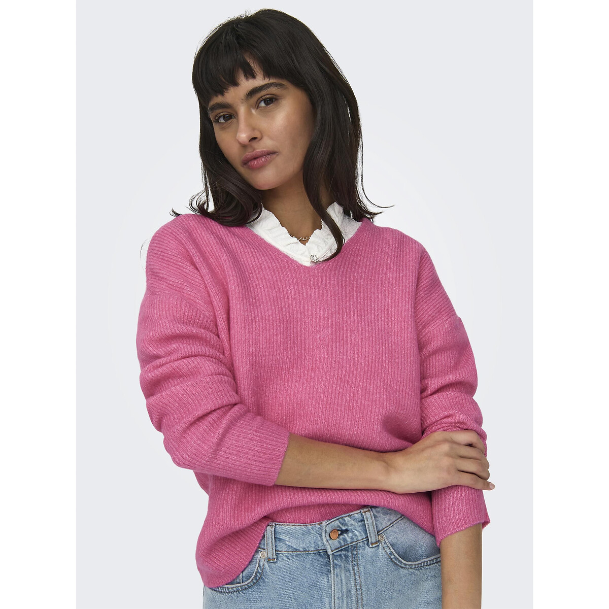 Пуловер из пышного трикотажа L розовый пуловер с короткими рукавами из витого трикотажа l розовый
