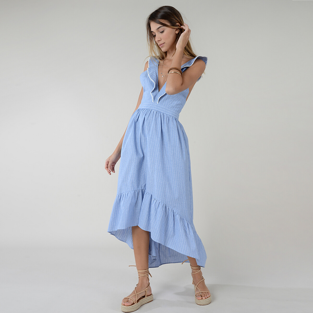 Платье LaRedoute Длинное асимметричное V-образный вырез завязки сзади L синий, размер L - фото 2