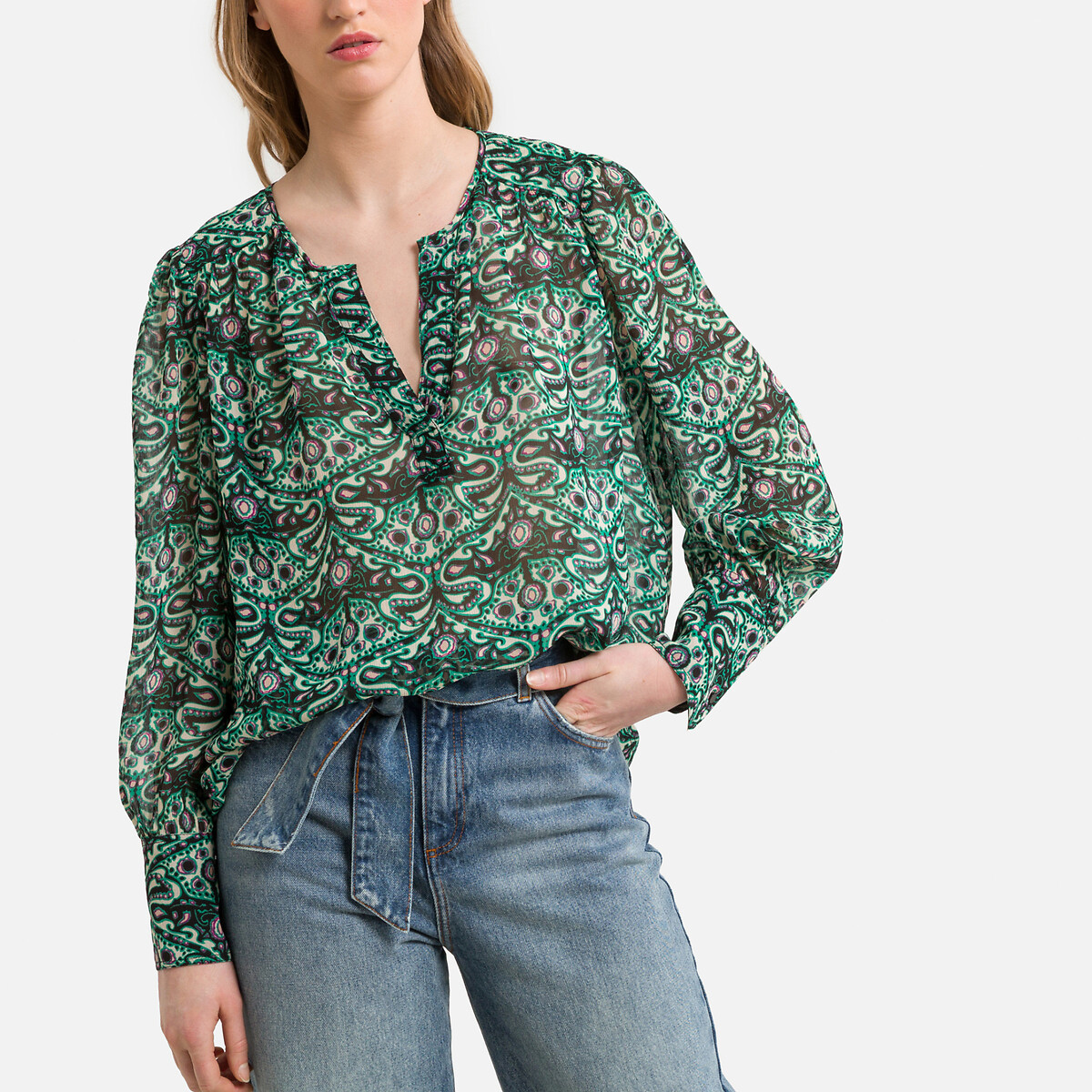 Блузка с принтом и длинными рукавами 2(M) зеленый женская блузка с открытыми плечами летняя ажурная рубашка с v образным вырезом топ в стиле харадзюку блузка клубничного цвета 2021