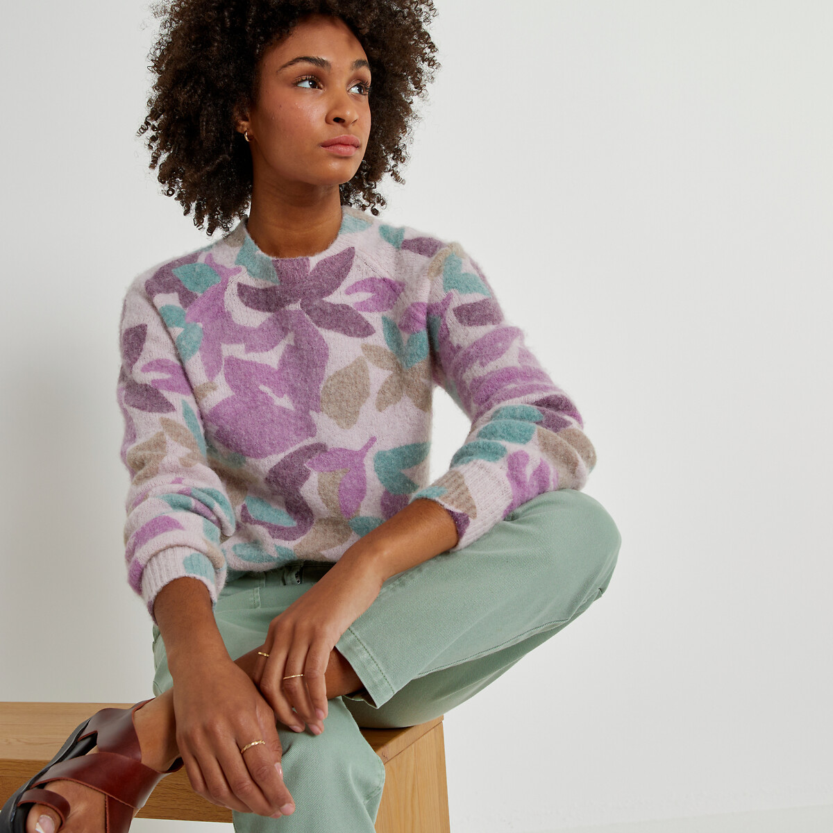 Пуловер с круглым вырезом и цветочным принтом из смешанной альпаки  XXL розовый LaRedoute, размер XXL