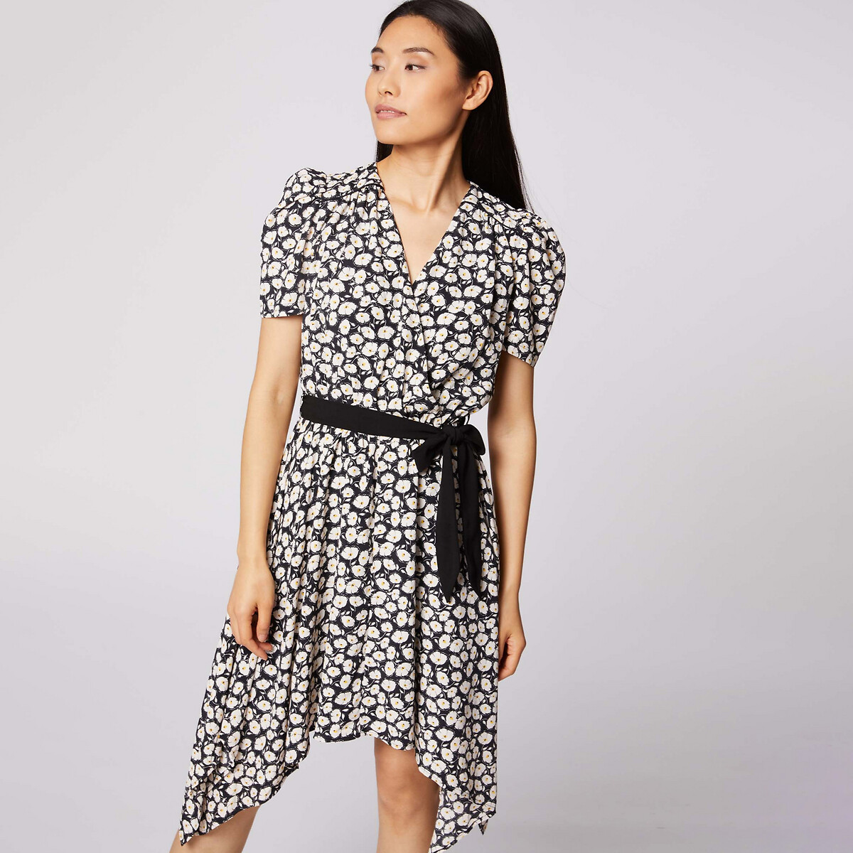 Платье-миди LaRedoute Асимметричное с цветочным принтом и завязками 44 черный, размер 44 - фото 1