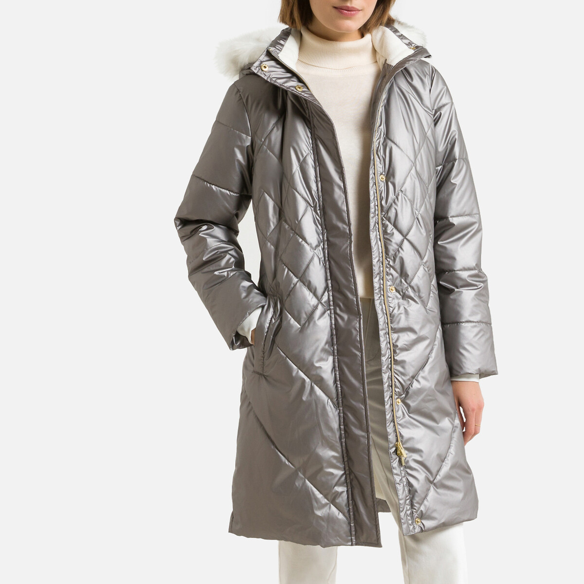 Куртка Средней длины с застежкой на молнию зимняя модель 40 (FR) - 46 (RUS) серебристый LaRedoute, размер 40 (FR) - 46 (RUS)