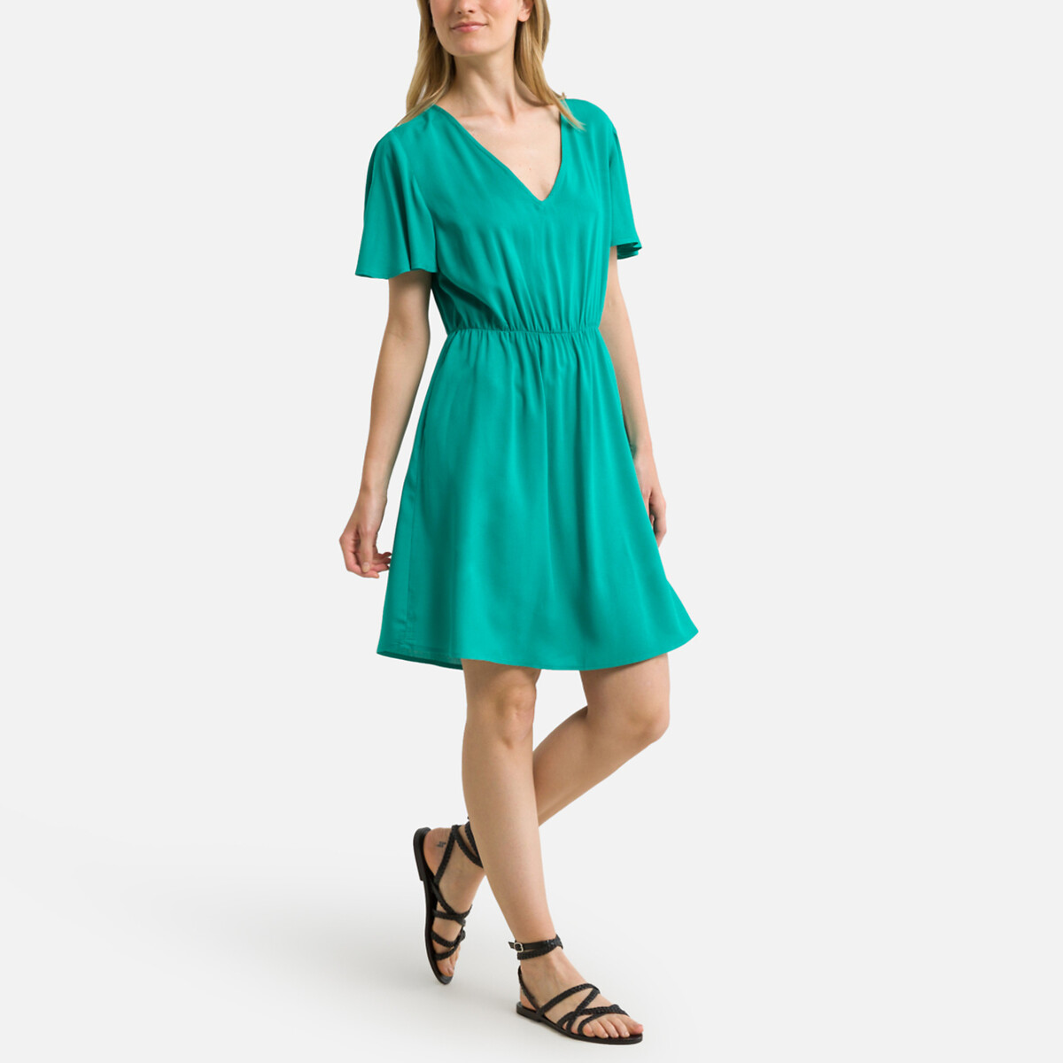 Платье Укороченное V-образный вырез короткие рукава 46 зеленый LaRedoute, размер 46 - фото 2