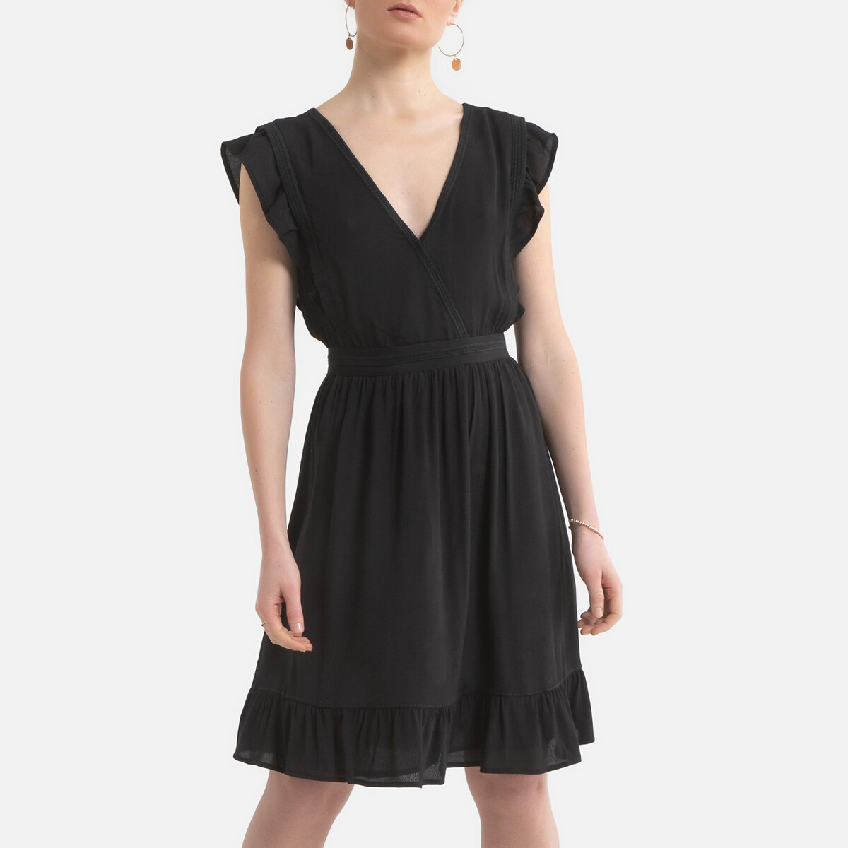 Платье LaRedoute Короткое V-образный вырез короткие рукава 2(M) черный, размер 2(M) Короткое V-образный вырез короткие рукава 2(M) черный - фото 1