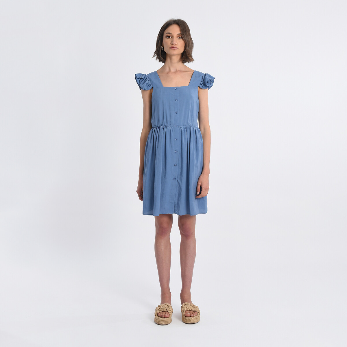 Платье На пуговицах с короткими рукавами с воланами M синий