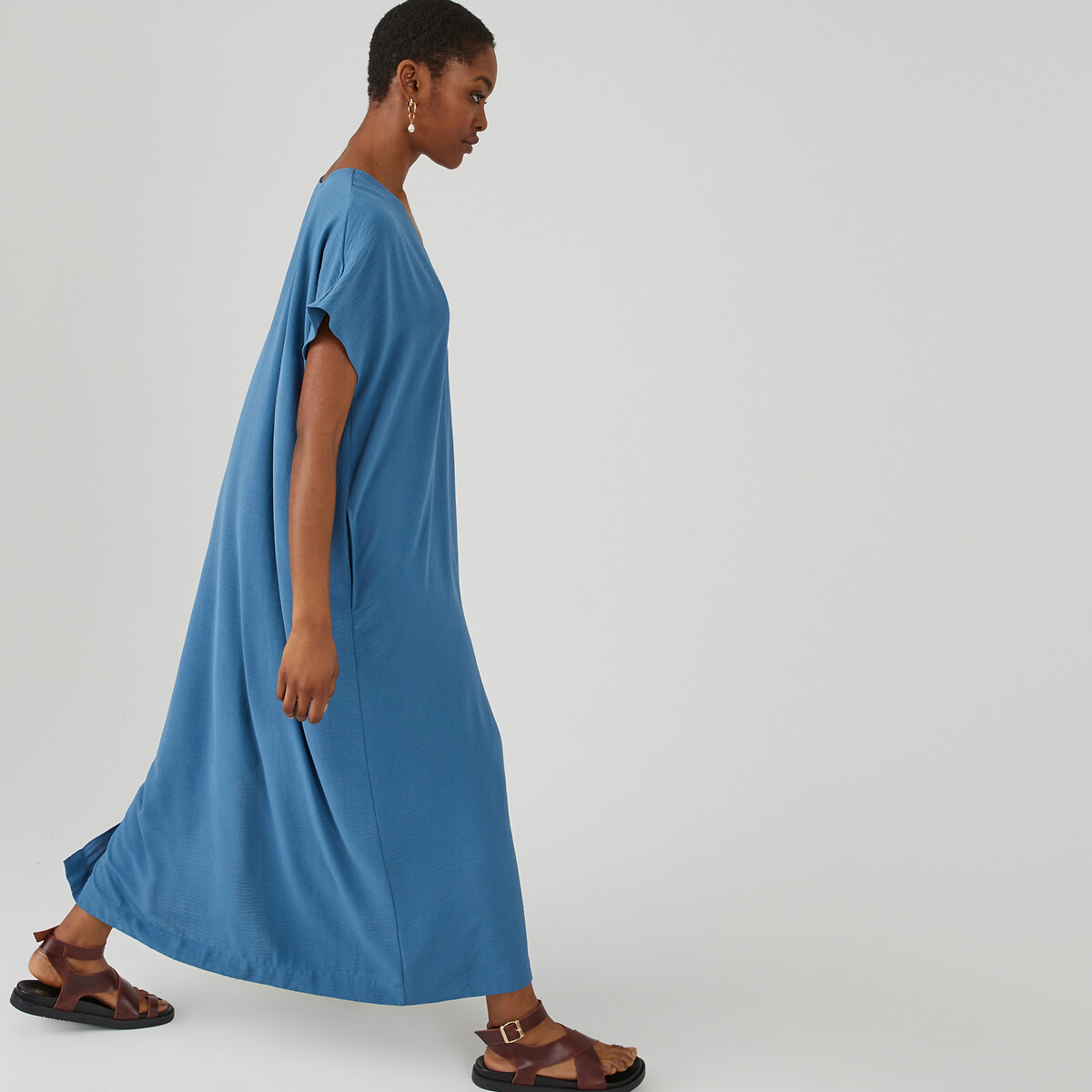 Платье длинное с V-образным вырезом короткими рукавами  L синий LaRedoute, размер L - фото 3