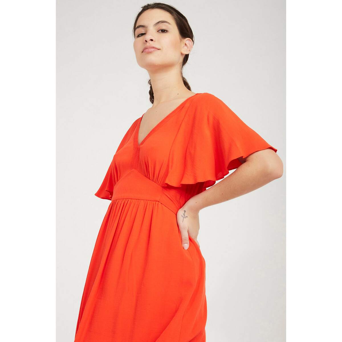 Платье-миди LaRedoute Расклешенное короткие рукава 44 красный, размер 44 - фото 5