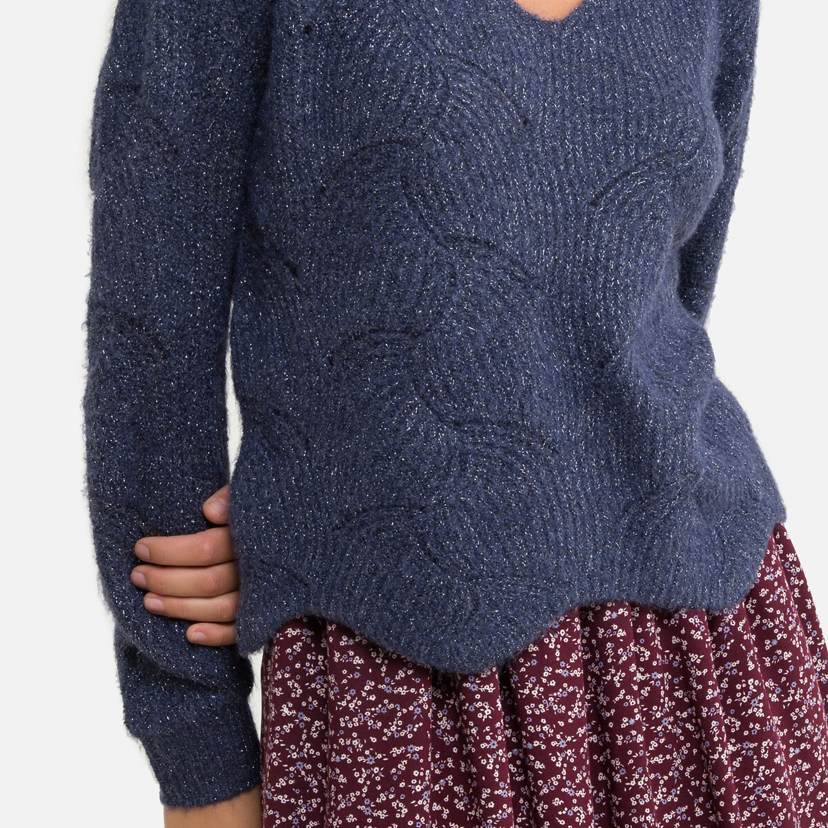 Пуловер LaRedoute Из ажурного трикотажа V-образный вырез L синий, размер L - фото 3