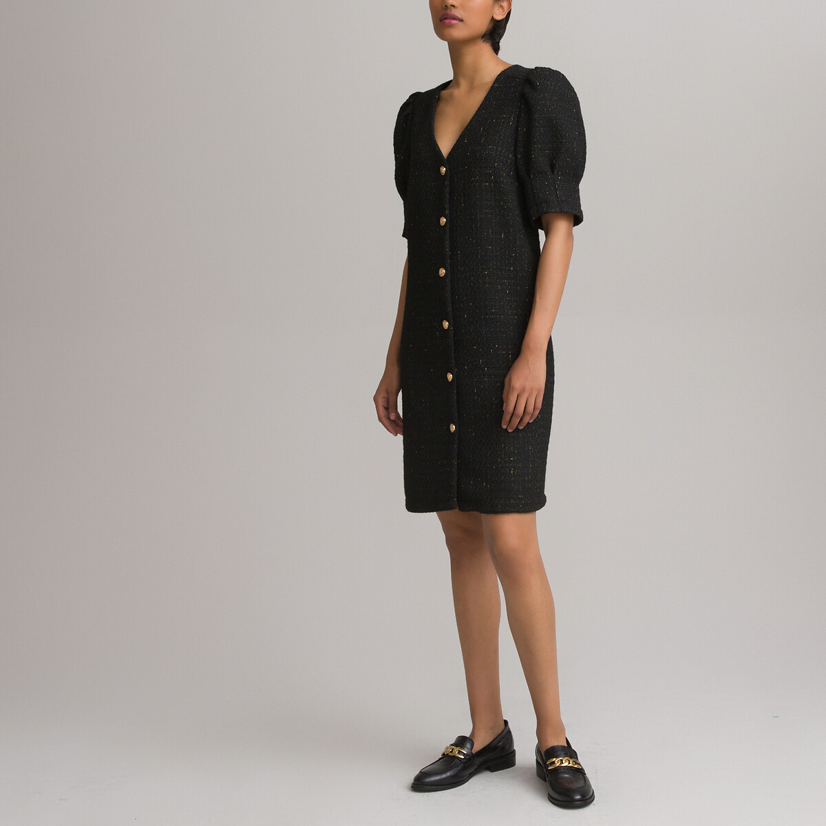Платье LaRedoute Прямое короткое на пуговицах с короткими рукавами 40 черный, размер 40 - фото 2