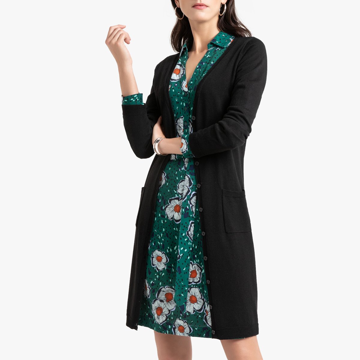 Кардиган La Redoute Длинный из тонкого трикотажа на пуговицах 42/44 (FR) - 48/50 (RUS) черный